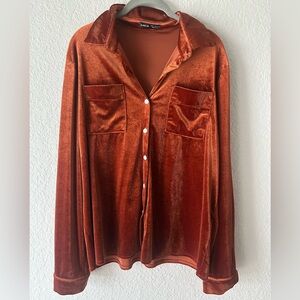 Shein Rust Orange Velvet Button Down Blouse Pocket Shirt Size XL